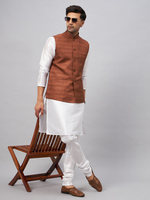 Vastramay Men's Coffee Matka Silk Nehru Jacket With White Silk Blend Kurta Pyjama Set